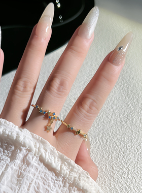 新款繁星落尽新中式时尚蓝色星星流苏开口戒指女小众设计个性指环