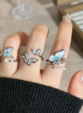 冰蓝蝶梦时尚立体花朵蝴蝶甜酷开口戒指女个性轻奢小众百搭指环潮