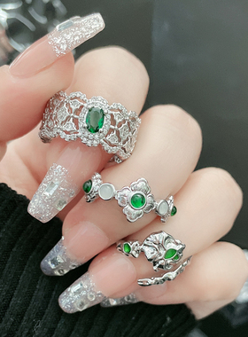 小众高级感宫廷风镂空拉丝复古开口戒指女ins冷淡风仿祖母绿指环