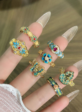 金辉鎏彩中古风彩色珐琅蝴蝶花朵开口戒指女时尚小众气质轻奢指环