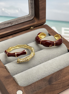 法式简约红色竹节可调节戒指女时尚复古甜酷百搭食指戒冷淡风配饰