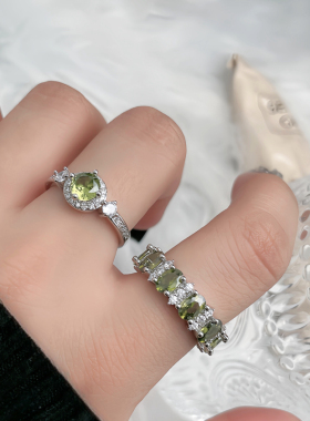 法式精致橄榄绿锆石满钻开口戒指女小众设计情侣指环甜酷轻奢配饰