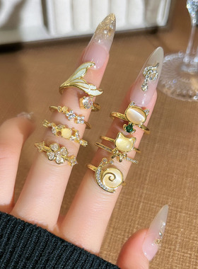 可爱猫咪蜗牛复古气质猫眼石开口戒指女鱼尾ins轻奢百搭甜酷指环