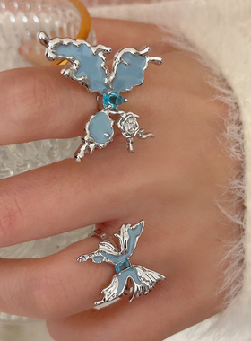 韩版新款滴胶珐琅蓝色蝴蝶开口戒指女ins冷淡风轻奢时尚指环戒子