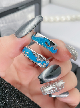 时尚情侣对戒海域蓝色滴釉波浪个性潮酷开口戒指无性别风小众指环