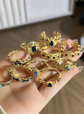 中古风湛蓝锆石蕾丝皇冠轻奢开口戒指女高级感小众混搭潮流食指戒
