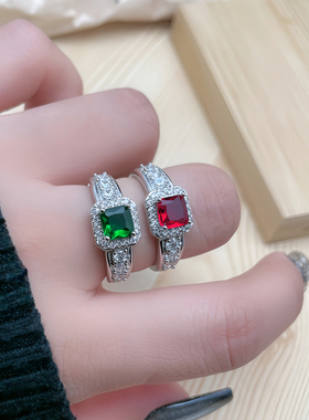 小红书推荐仿祖母绿镶嵌开口戒指女彩宝同款欧美跨境时尚百搭指环