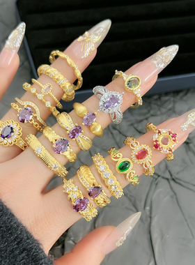 奶奶同款中古风金色质感轻奢戒指女花纹拉丝紫钻高级感甜酷指环潮