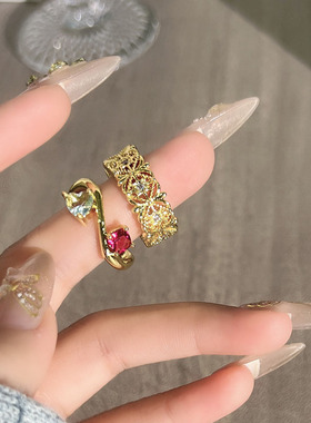 老钱风复古镂空蕾丝鸢尾花十字架开口戒指女双石个性轻奢百搭指环