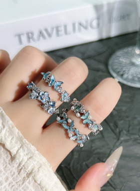 蓝蝶密语仙女风蓝调蝴蝶花簇叠戴时尚开口戒指女简约潮流个性指环