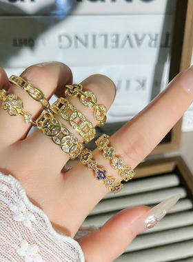 混搭多元素满钻四叶草铜钱轻奢开口戒指女欧美冷淡风时尚小众指环