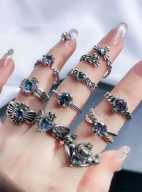 复古做旧不规则十字架肌理皇冠爱心开口戒指个性朋克嘻哈甜酷指环