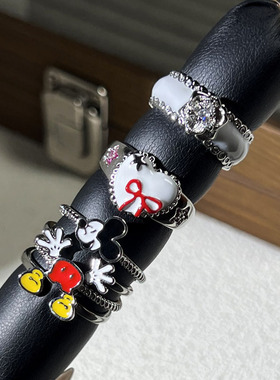 甜酷辣妹y2k少女感爱心蝴蝶结开口戒指女童趣氛围感创意米奇指环