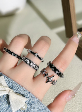 复古轻奢星芒鸢尾花手绘珐琅情侣戒指冷淡风小众百搭个性气质指环