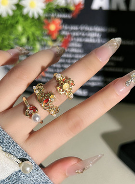 宫廷风复古高级感火焰锦鲤珍珠开口戒指女轻奢高级感小众甜酷指环