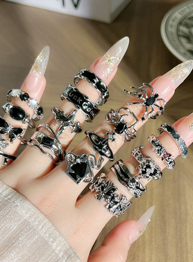 跨境简约混搭暗黑风蜘蛛十字架珐琅个性戒指中性风时尚朋克指环潮