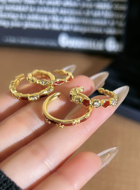 法式复古红色小花开口戒指女小众设计甜美高级感几何细圈叠戴指环