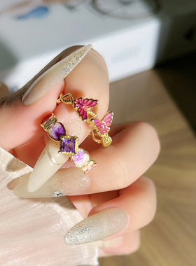 法式复古金色蝴蝶梦幻紫花朵开口戒指女精致甜酷高级感小众食指戒