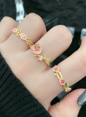 新款复古宫廷风渐变桃花戒指女轻奢高级感小众甜美花朵独特指环潮