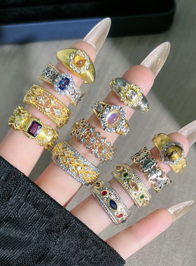 金阁彩戒复古宫廷风彩宝奢华拉丝开口戒指女镂空轻奢高级感指环潮