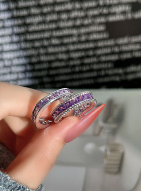 奢华新品欧美跨境排钻紫色方锆叠戴戒指女气质小众轻奢高级感指环
