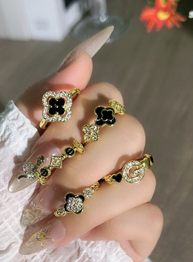 四叶鎏光法式复古四叶草新款微镶戒指女黑色滴釉精致轻奢气质指环