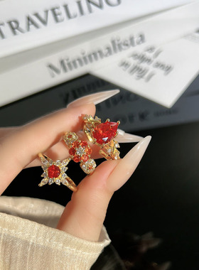 落日余晖复古显白橙红钻微镶开口戒指女气质网红小众精致甜酷指环