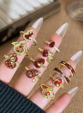 新中式本命年幸运红色葫芦甜酷戒指女复古轻奢小众显白叠戴食指戒