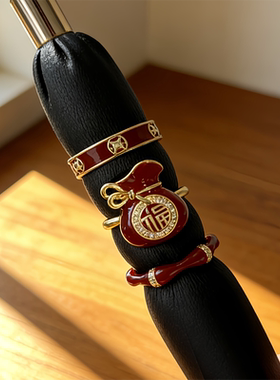 国潮风新年红色福袋铜钱轻奢气质开口戒指女高级感叠戴甜酷食指戒