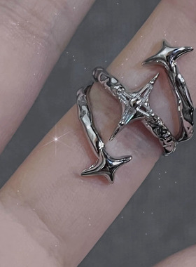 欧美暗黑朋克风个性开口戒指女ins冷淡风十字架不规则星芒指环潮