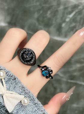 暗影蓝钻神秘暗黑系宝蓝锆石个性戒指中性风潮酷设计感小众食指戒