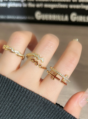 新款水波纹排钻轻奢简约开口戒指女十字架小众设计感叠戴百搭指环