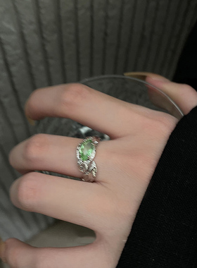 冷淡风绿色锆石纹理开口戒指女轻奢小众设计高级感个性时尚食指戒