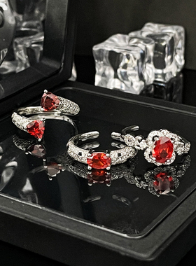 欧美高级感红色锆石开口戒指女精致椭圆形甜酷轻奢时尚叠戴指环潮