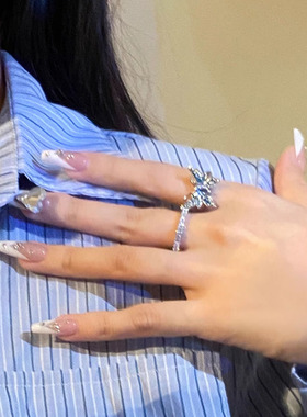 甜酷时尚滴油蓝色蝴蝶锆石开口戒指女y2k清冷风气质个性叠戴指环