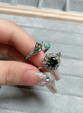 跨境复古轻奢橄榄绿锆石开口戒指女ins冷淡风气质几何甜酷食指戒