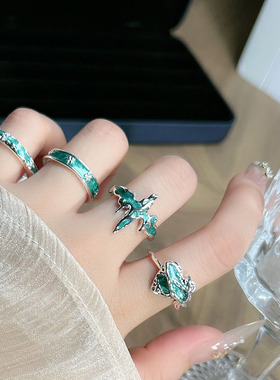 简约素圈鎏金绿珐琅十字架肌理爱心戒指女个性时尚小众情侣指环潮