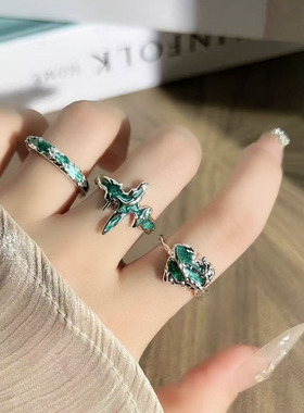 墨绿鎏金时尚精致珐琅无性别风戒指女简约肌理十字架个性朋克指环