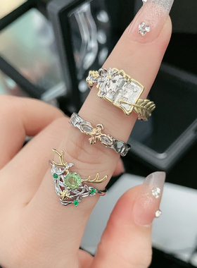 新款时空中的绘旅人戒指女独特鹿角时尚开口指环不规则小众食指戒