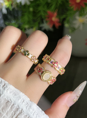 轻奢花笺宫廷风甜酷珐琅彩色花朵戒指女小众设计感叠戴时尚食指戒