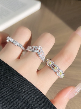 轻奢超闪皇冠蝴蝶结满钻气质小众戒指女冷淡风时尚叠戴设计感指环