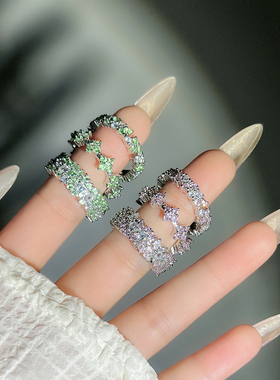 夏日新款甜酷粉绿满钻戒指女轻奢高级感小众设计感ins冷淡风指环