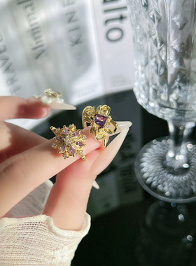 复古鸢尾紫蝶浪漫紫钻花朵几何开口戒指女新中式气质高级感食指戒