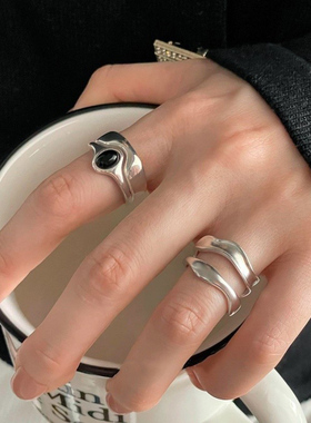 小众设计甜酷风双层黑色椭圆石开口戒指个性简约时尚个性嘻哈指环