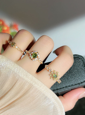 复古香槟金色森系橄榄绿钻叠戴戒指女小碎钻个性气质高级感指环潮