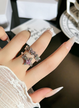 极简小清新叠戴粉绿钻蝴蝶个性戒指女小众设计感ins气质时尚指环