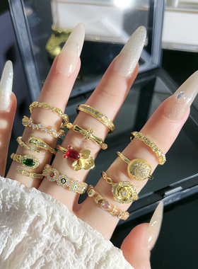 国潮风轻奢复古金色蛇形精致开口戒指女眼睛滴釉时尚气质小众指环