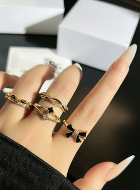 法式复古高级感暗黑珐琅蝴蝶结时尚开口戒指女ins冷淡风叠戴指环