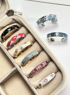 气质中古风珐琅滴釉花朵简约开口戒指女爱心小众ins叠戴百搭指环