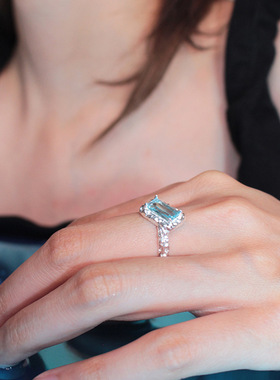小众设计锡纸纹理方钻蓝锆石开口戒指女轻奢ins风高级感百搭指环